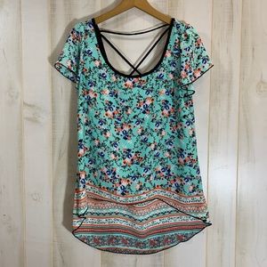 Society Girl Blue Red Floral Hi Lo Tunic Top M